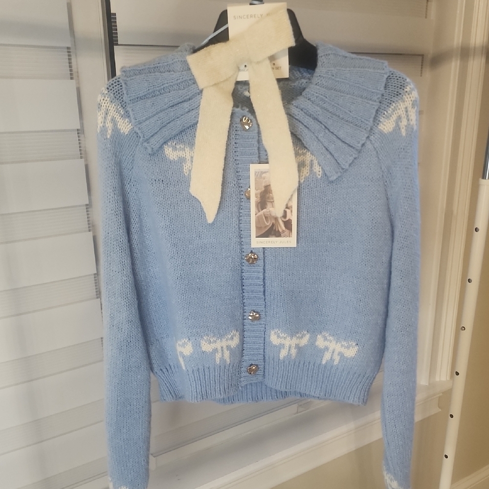 Sincerely Jules Blue Cardigan & Hair Bow Set Size L - Picture 2 of 5